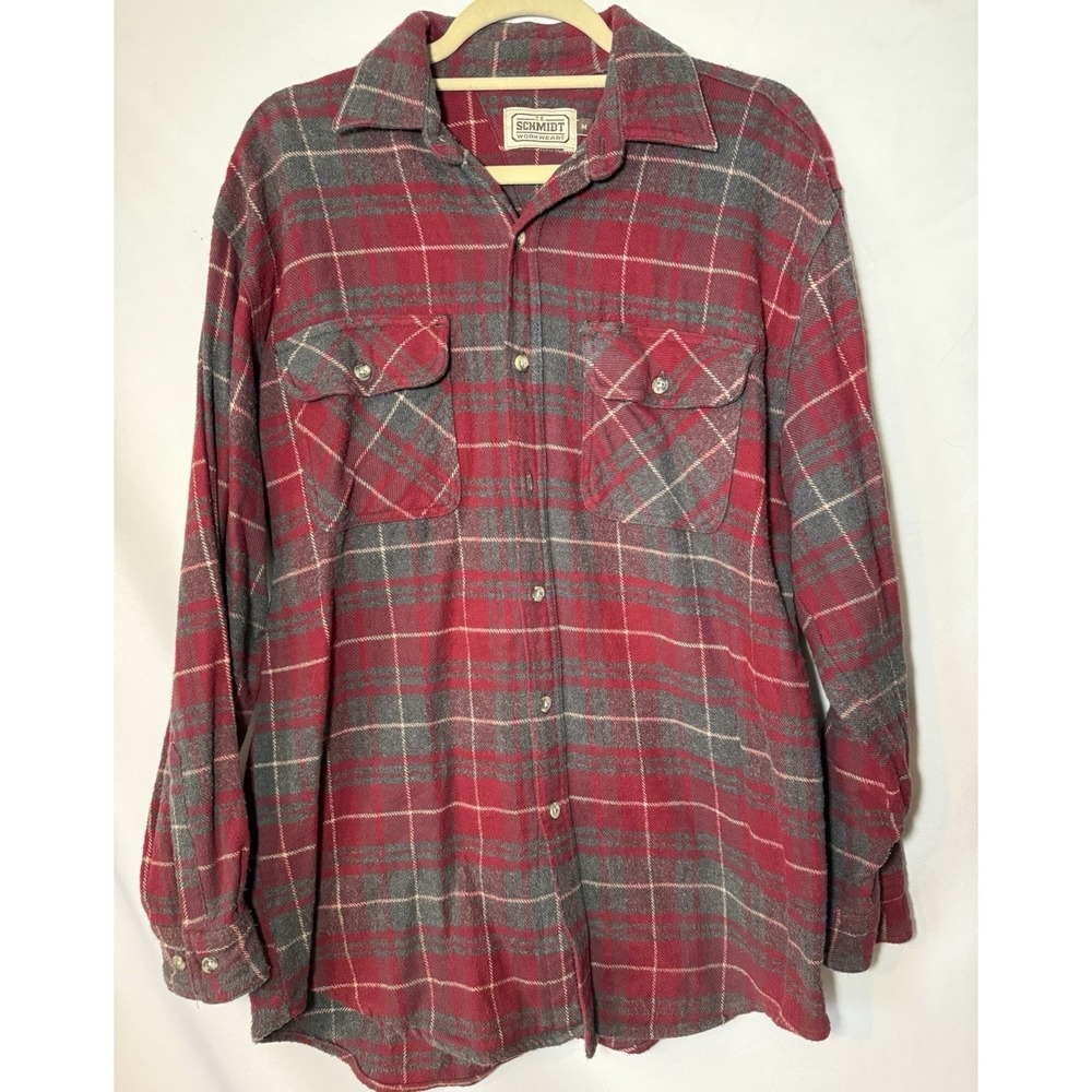 C.E. SCHMIDT WORK WEAR PLAID RED GRAY LONG SLEEVE BUTTON DOWN MENS MEDIUM COTTON